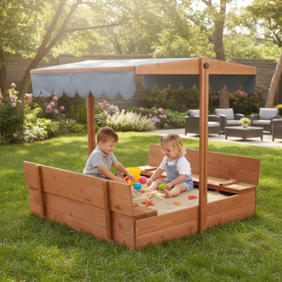 Outdoor wooden sandbox with li - مراجعة Kids Outdoor Sandbox وسعره