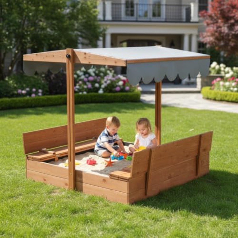 Outdoor wooden sandbox with li - مراجعة Kids Outdoor Sandbox وسعره