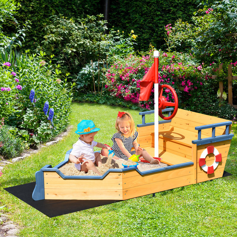 Kids Pirate Boat Wooden Sandbo - مراجعة Kids Outdoor Sandbox وسعره
